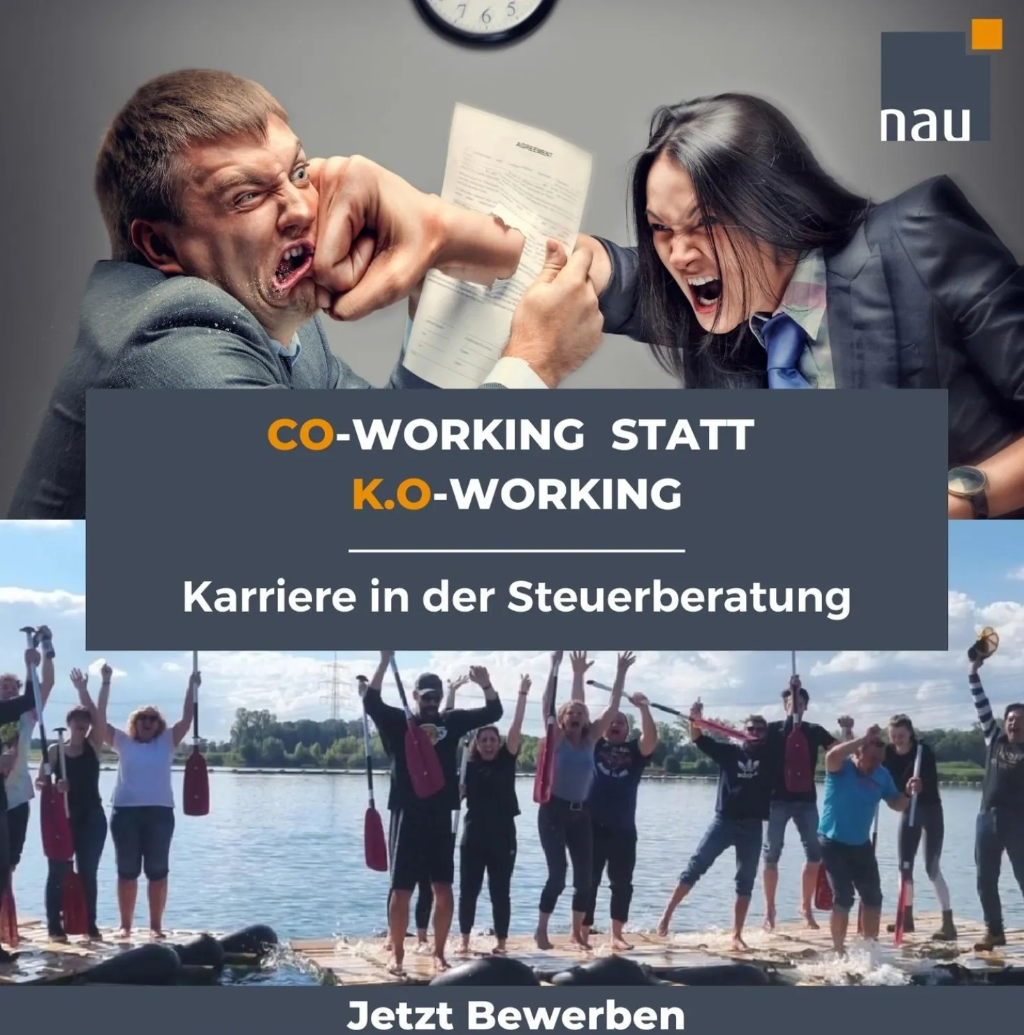 Bild in zwei hälften geteilt, oberes Bild zwei Personen streiten sich, unteres Bild Gruppenbild