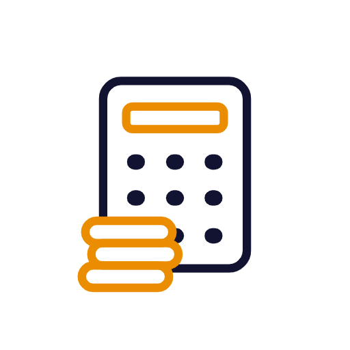 Icon: Taschenrechner mit Münzgeld davor.