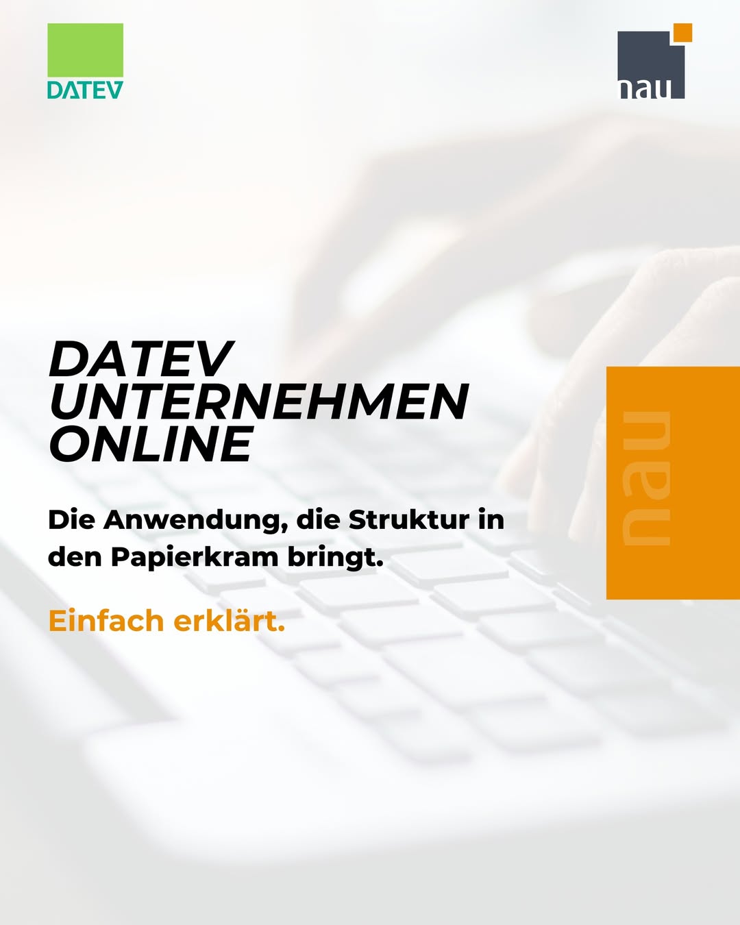 Grafik mit dem Titel „DATEV Unternehmen online“ und Textinformationen.